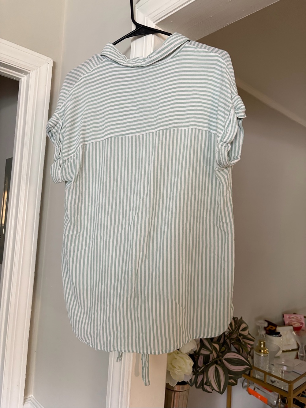 Blue Rain Striped Button-Down Tie-Front Top in Light Blue and White - Picture 2 of 3